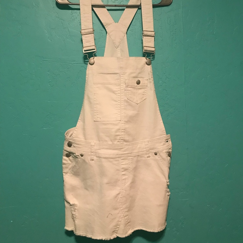 White distressed overall skirt